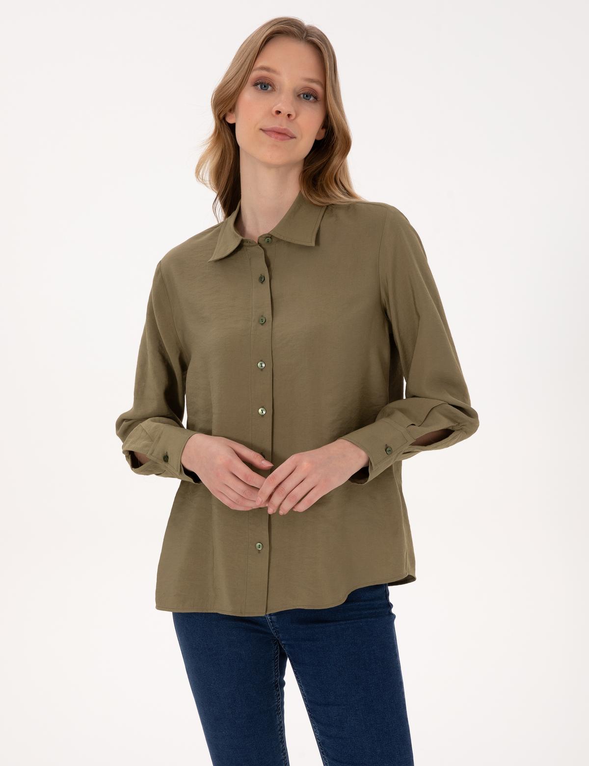 Haki Modal Karışımlı Comfort Fit Uzun Kollu Gömlek