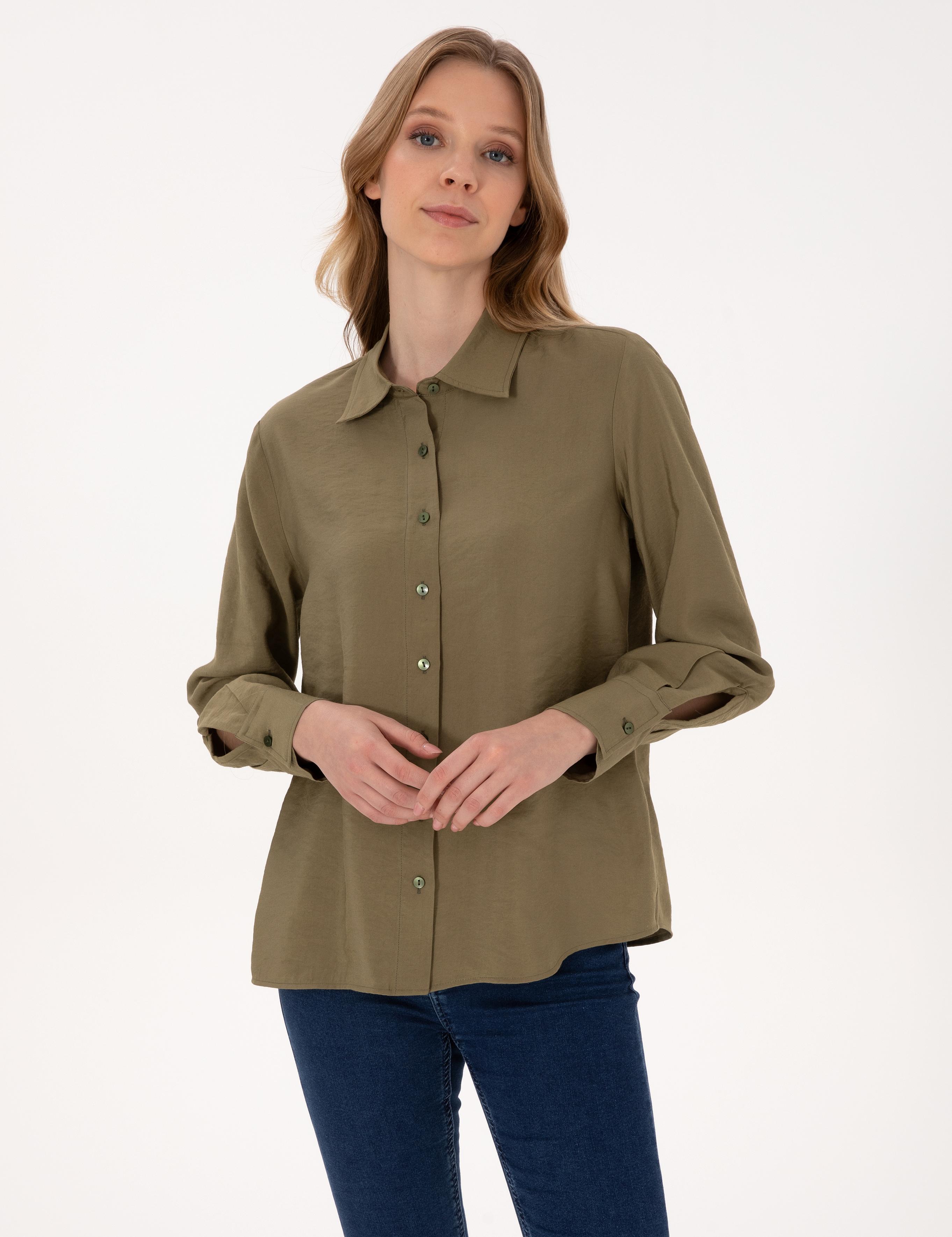 Haki Modal Karışımlı Comfort Fit Uzun Kollu Gömlek