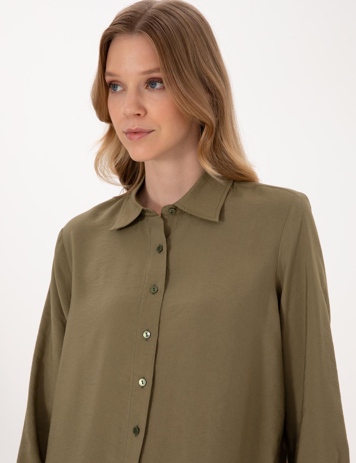 Haki Modal Karışımlı Comfort Fit Uzun Kollu Gömlek - 50318219009
