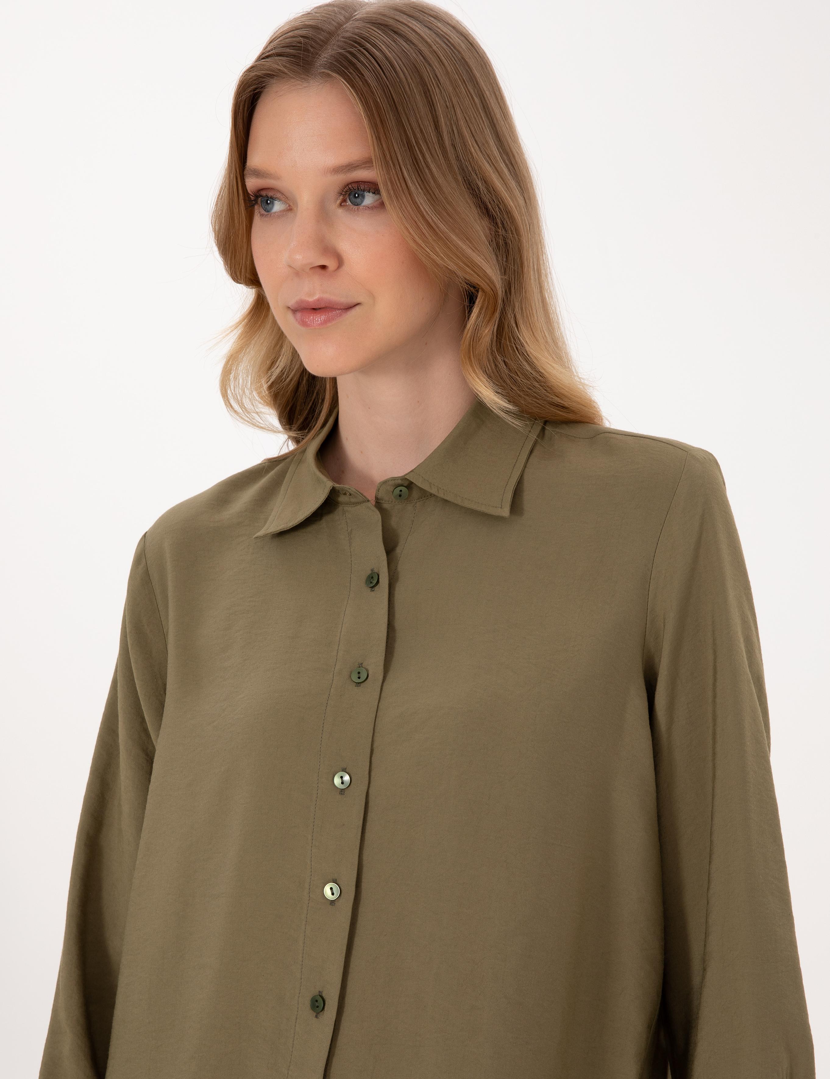 Haki Modal Karışımlı Comfort Fit Uzun Kollu Gömlek