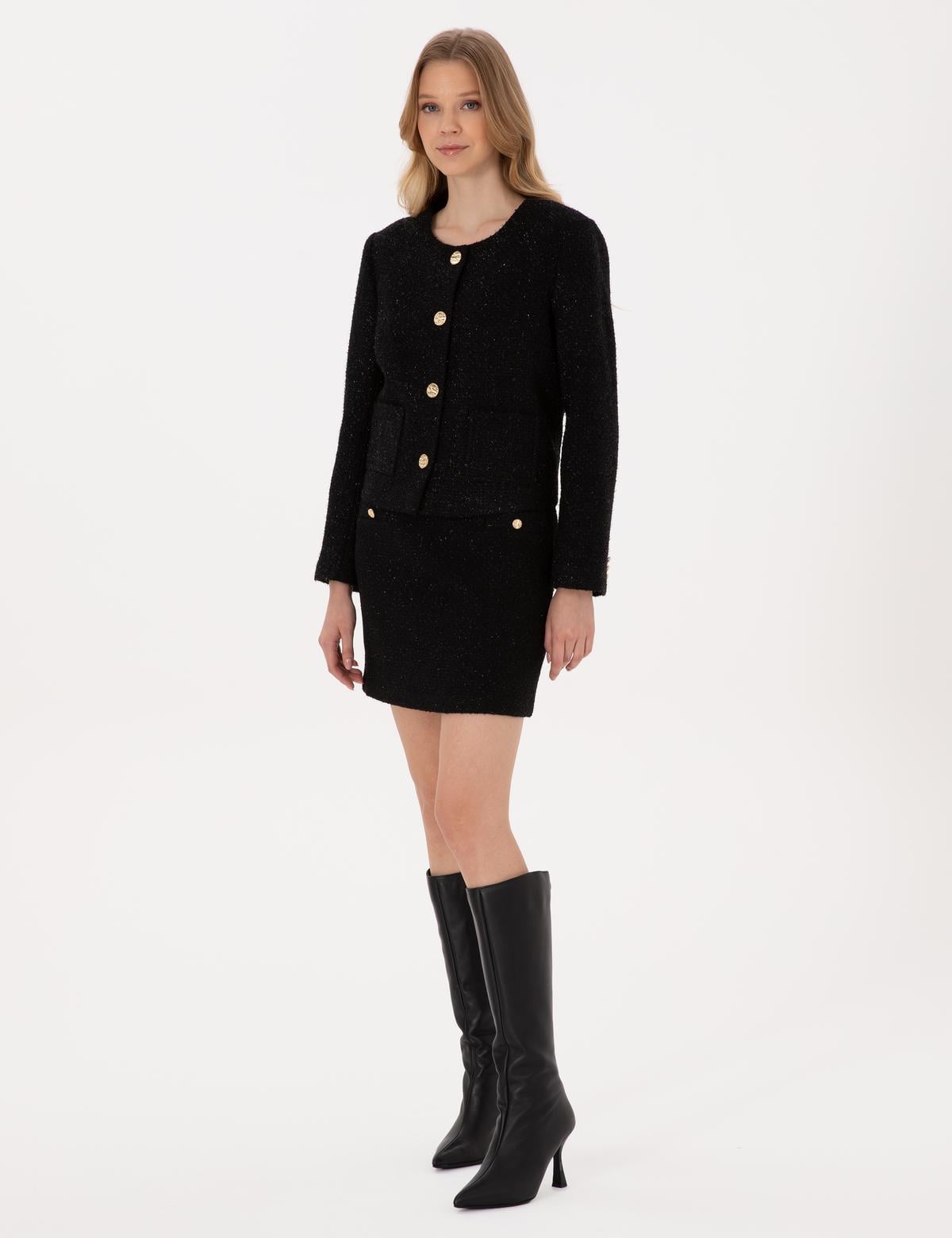 Siyah Crop Top Tüvit Ceket - 50319417017