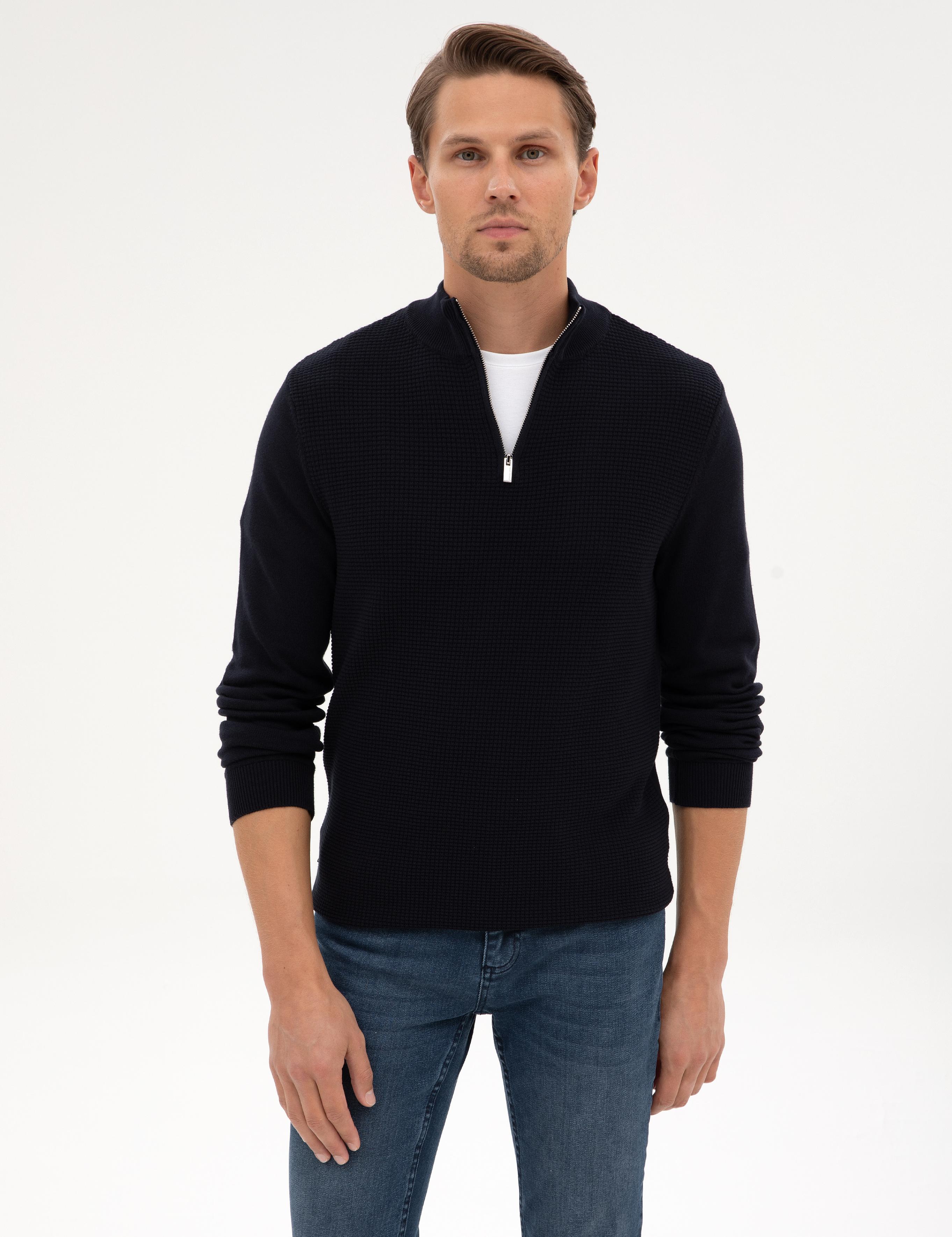 Lacivert Slim Fit Dik Yaka Fermuarlı Triko Kazak