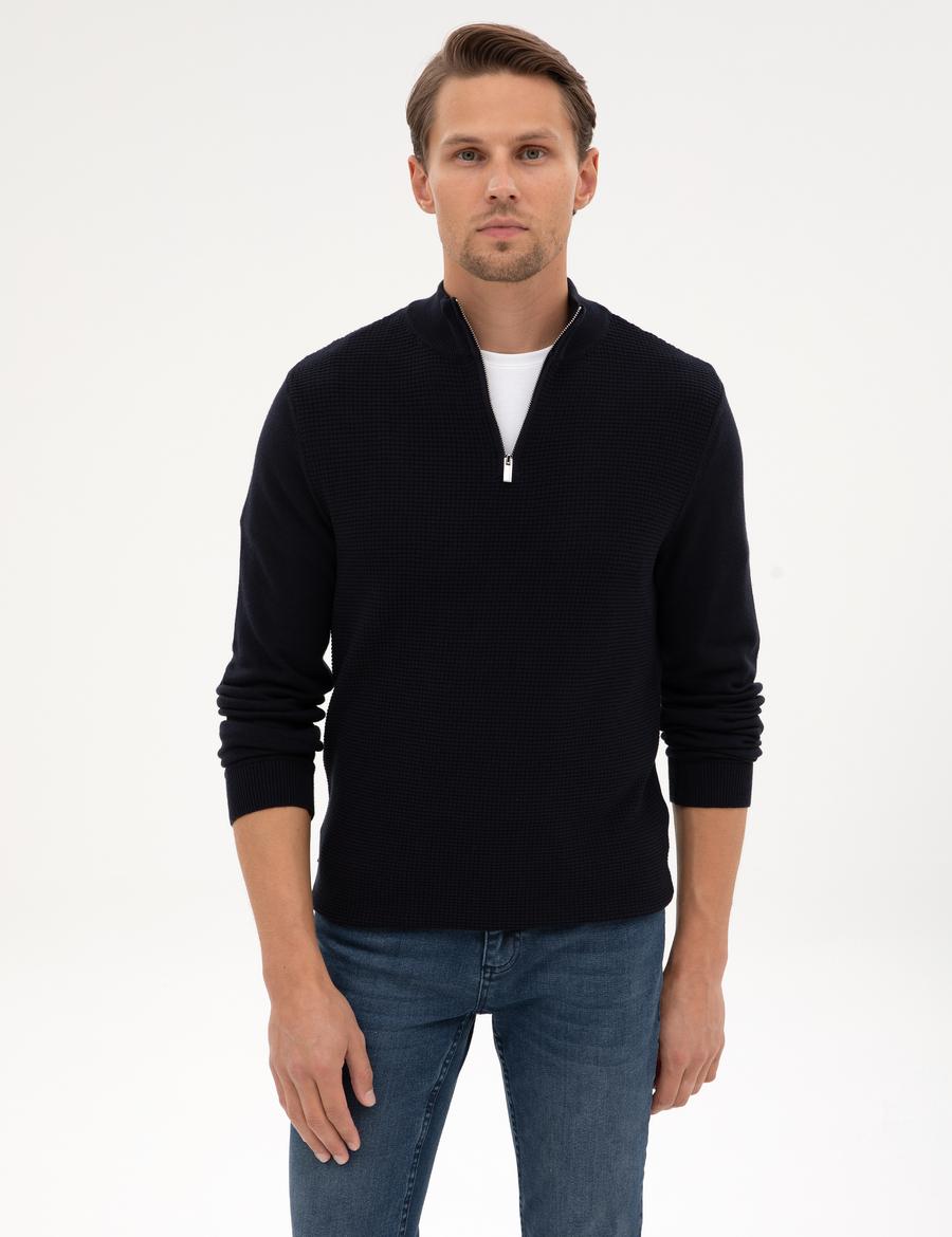 Lacivert Slim Fit Dik Yaka Fermuarlı Triko Kazak