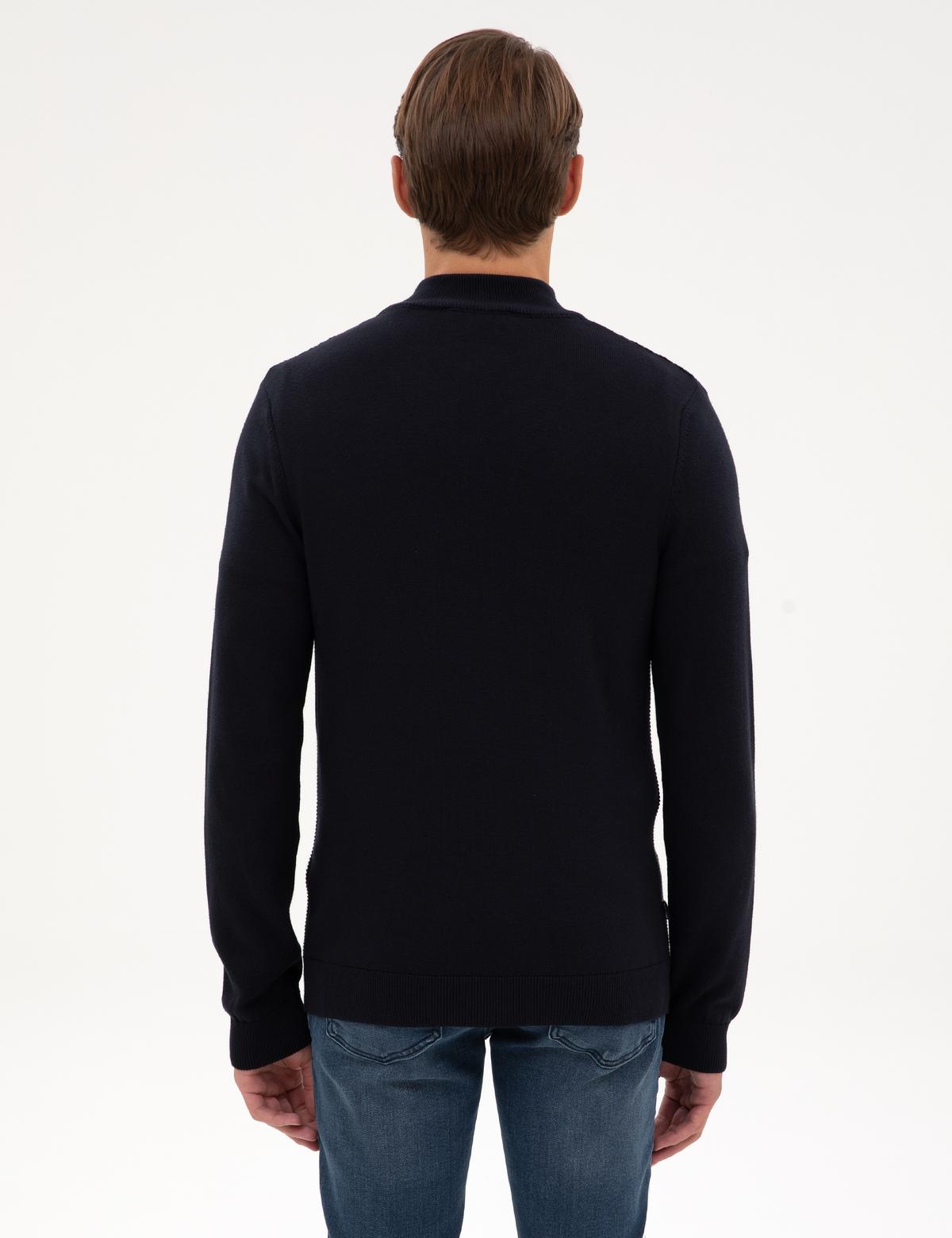 Lacivert Slim Fit Dik Yaka Fermuarlı Triko Kazak - 50317397006