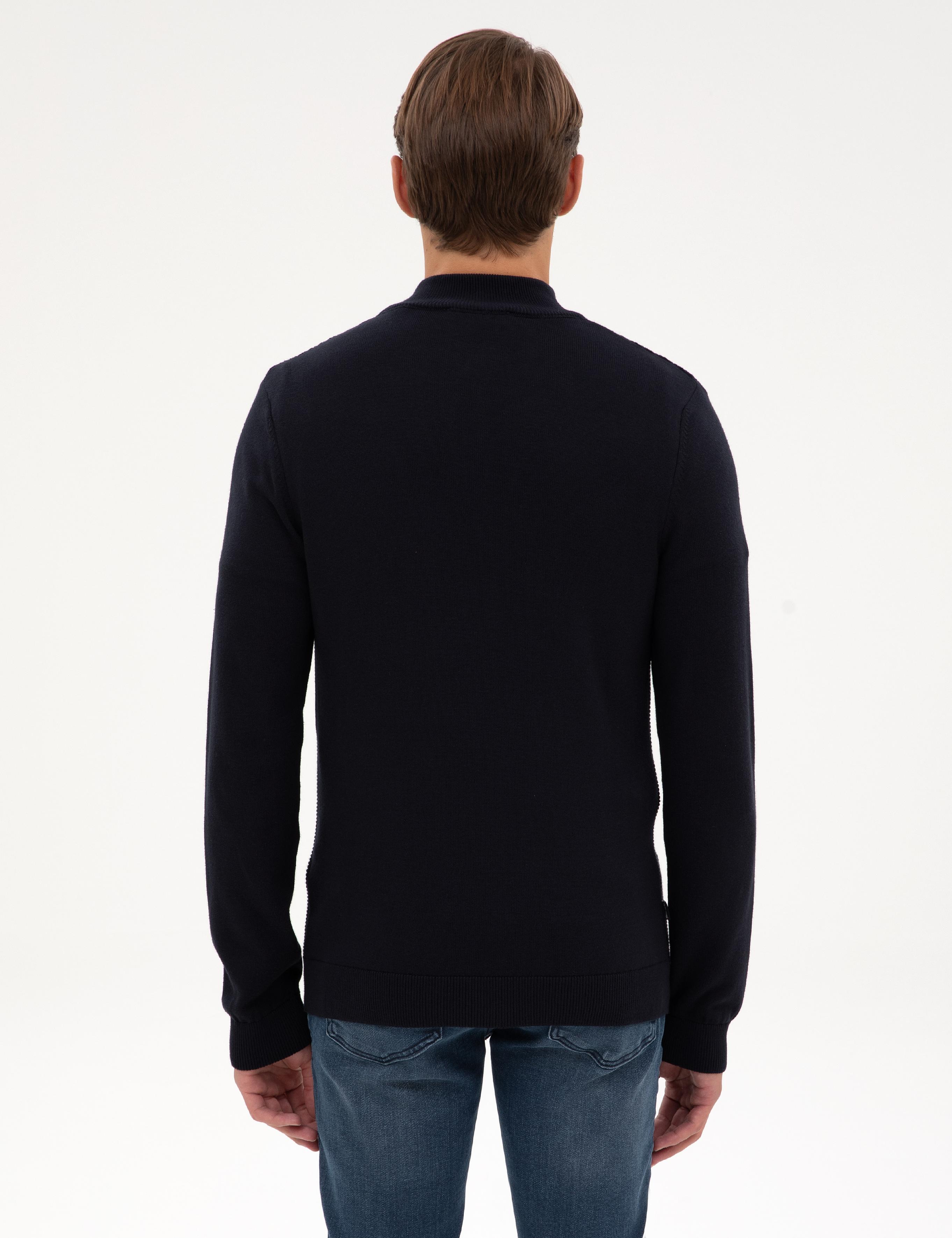 Lacivert Slim Fit Dik Yaka Fermuarlı Triko Kazak