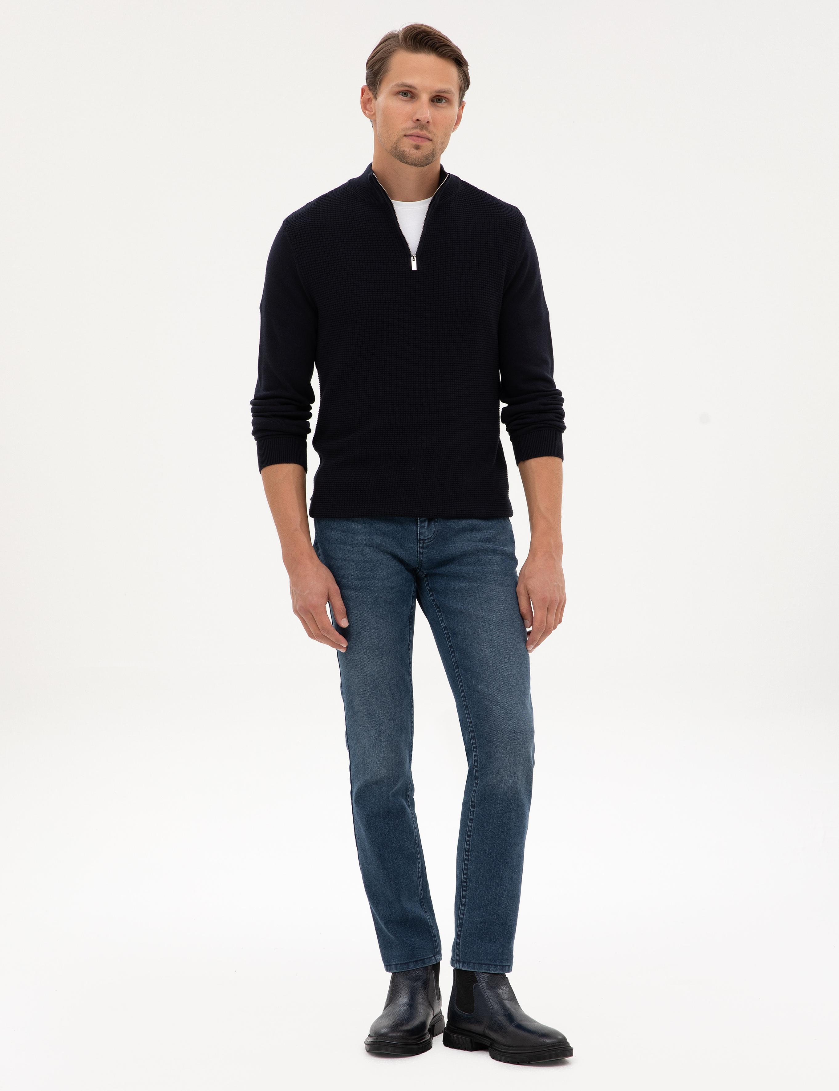 Lacivert Slim Fit Dik Yaka Fermuarlı Triko Kazak