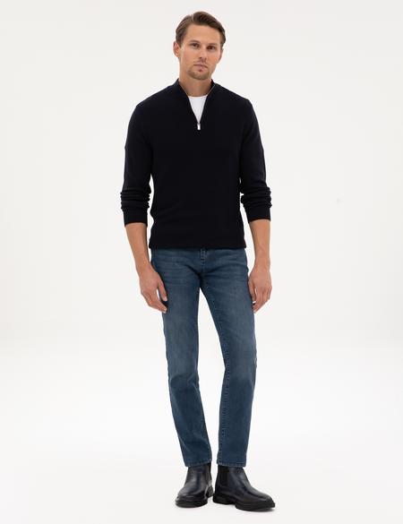 Lacivert Slim Fit Dik Yaka Fermuarlı Triko Kazak - 50317397006