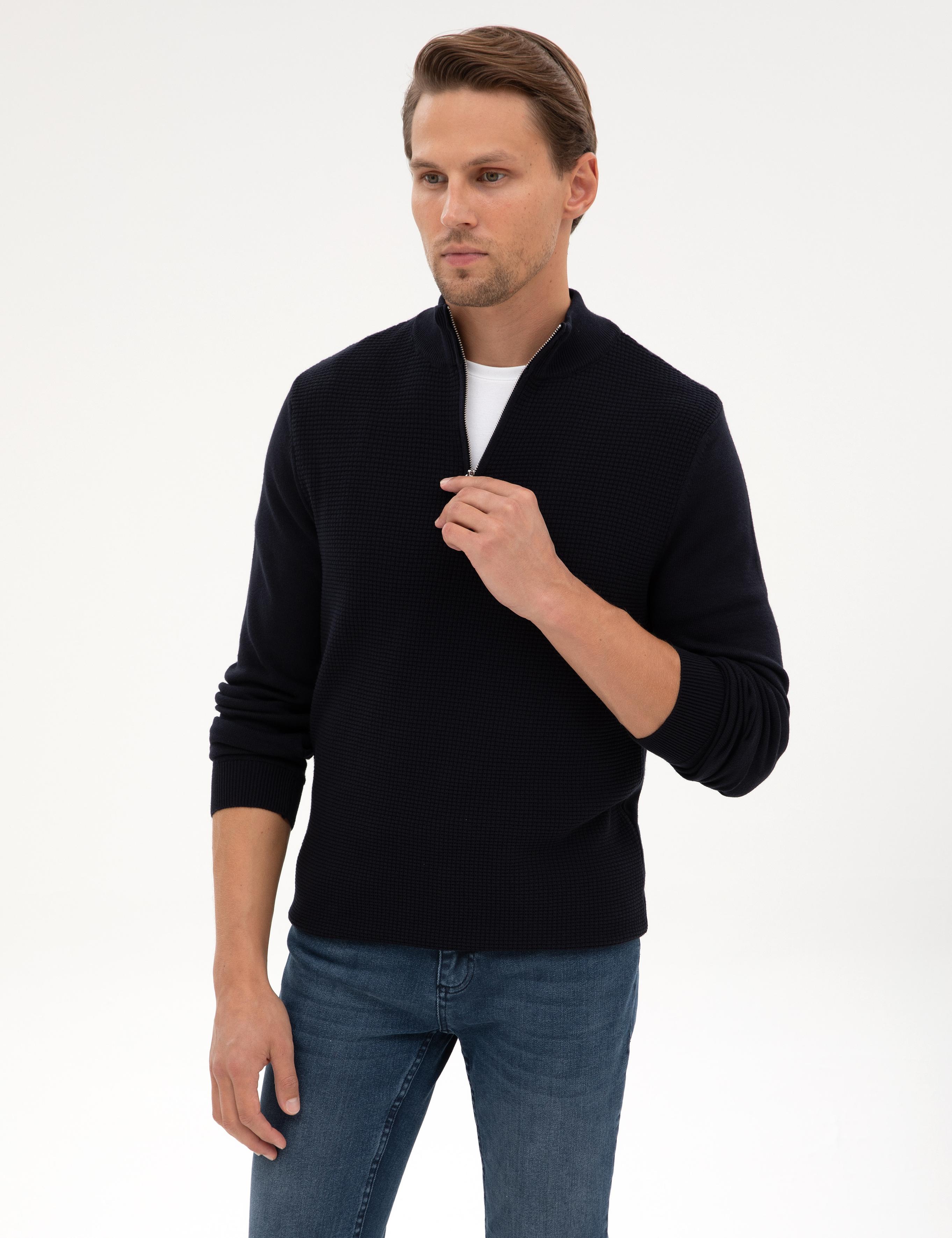 Lacivert Slim Fit Dik Yaka Fermuarlı Triko Kazak