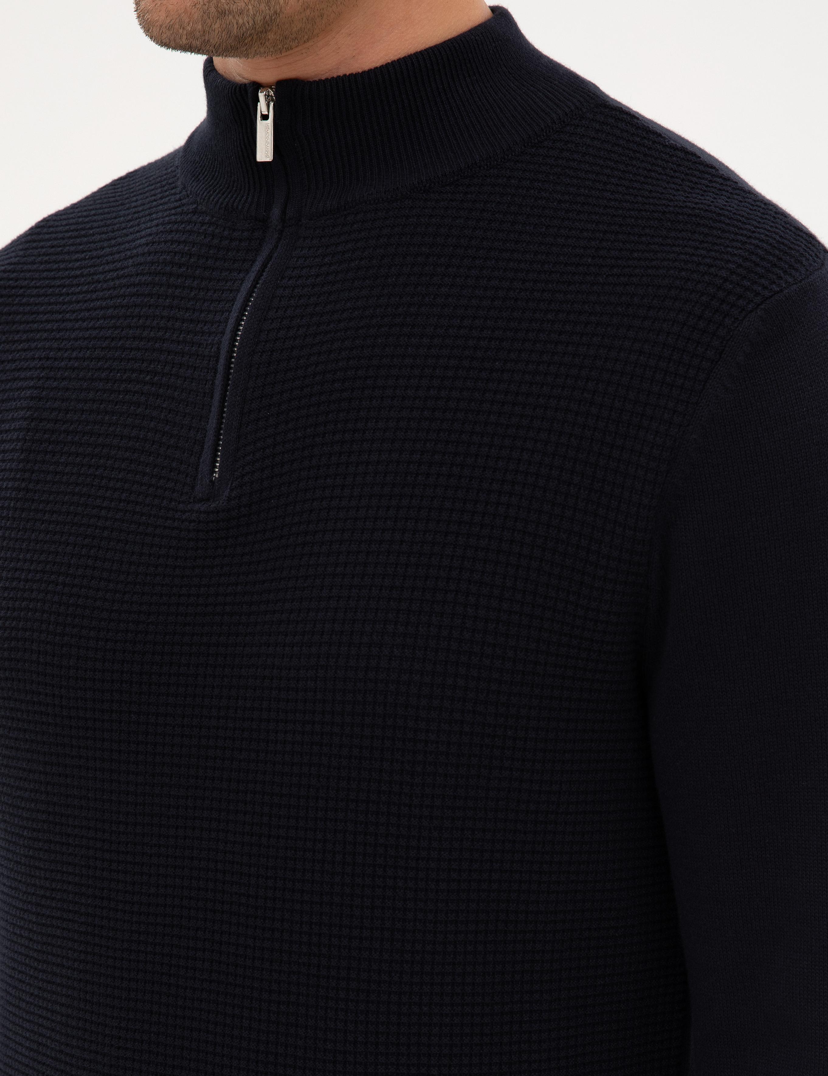 Lacivert Slim Fit Dik Yaka Fermuarlı Triko Kazak