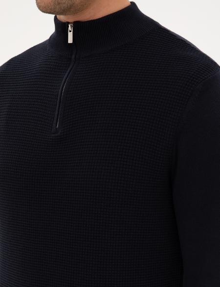 Lacivert Slim Fit Dik Yaka Fermuarlı Triko Kazak - 50317397006