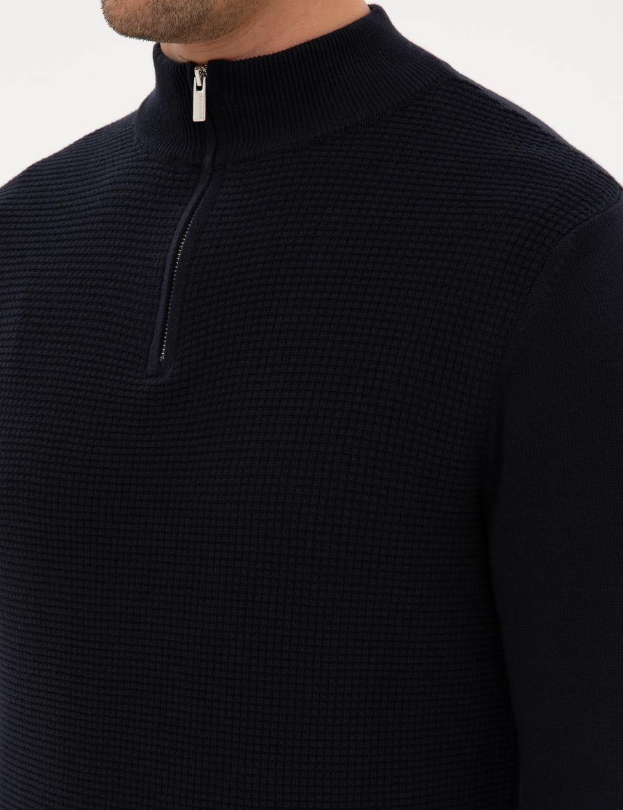 Lacivert Slim Fit Dik Yaka Fermuarlı Triko Kazak