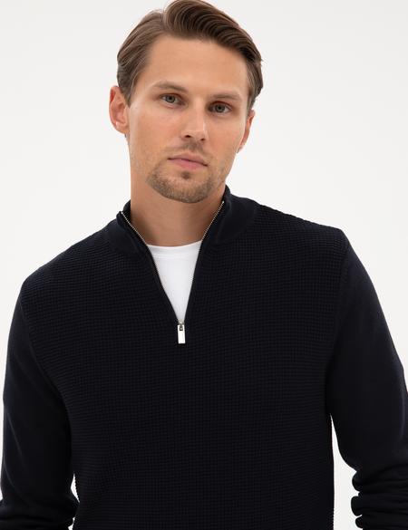 Lacivert Slim Fit Dik Yaka Fermuarlı Triko Kazak - 50317397006