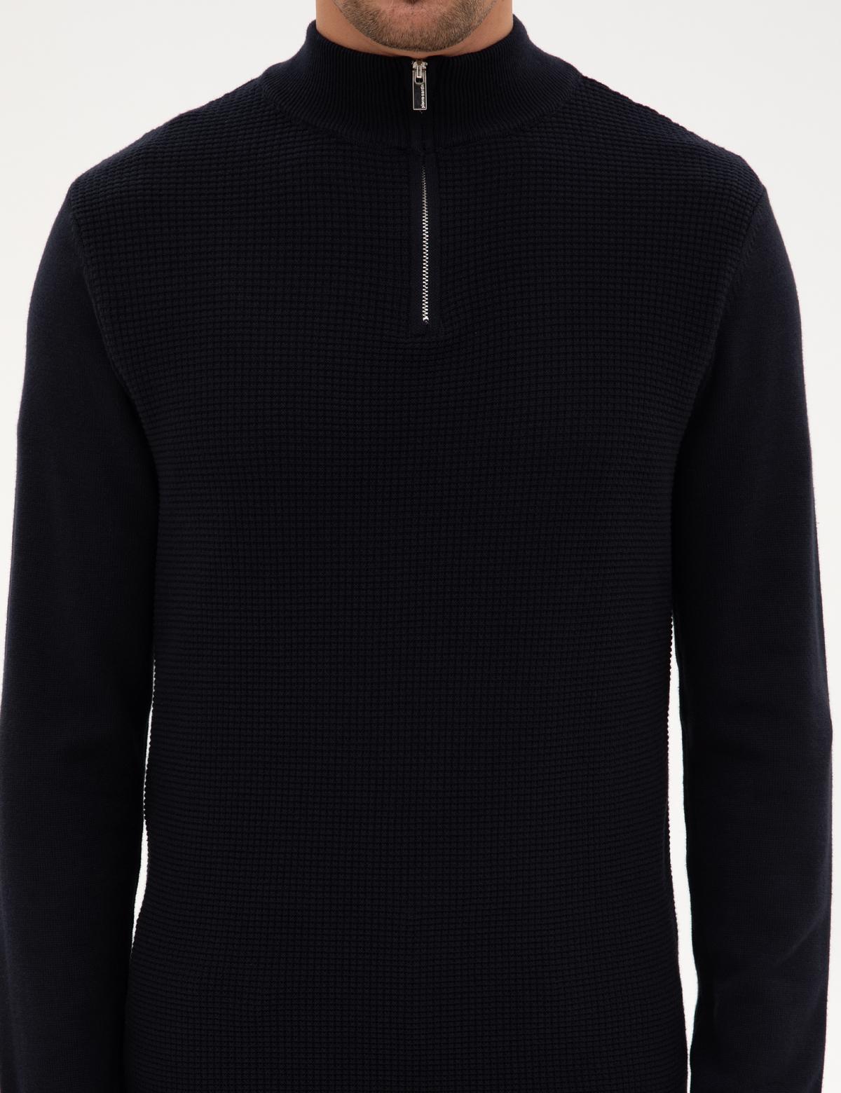 Lacivert Slim Fit Dik Yaka Fermuarlı Triko Kazak - 50317397006