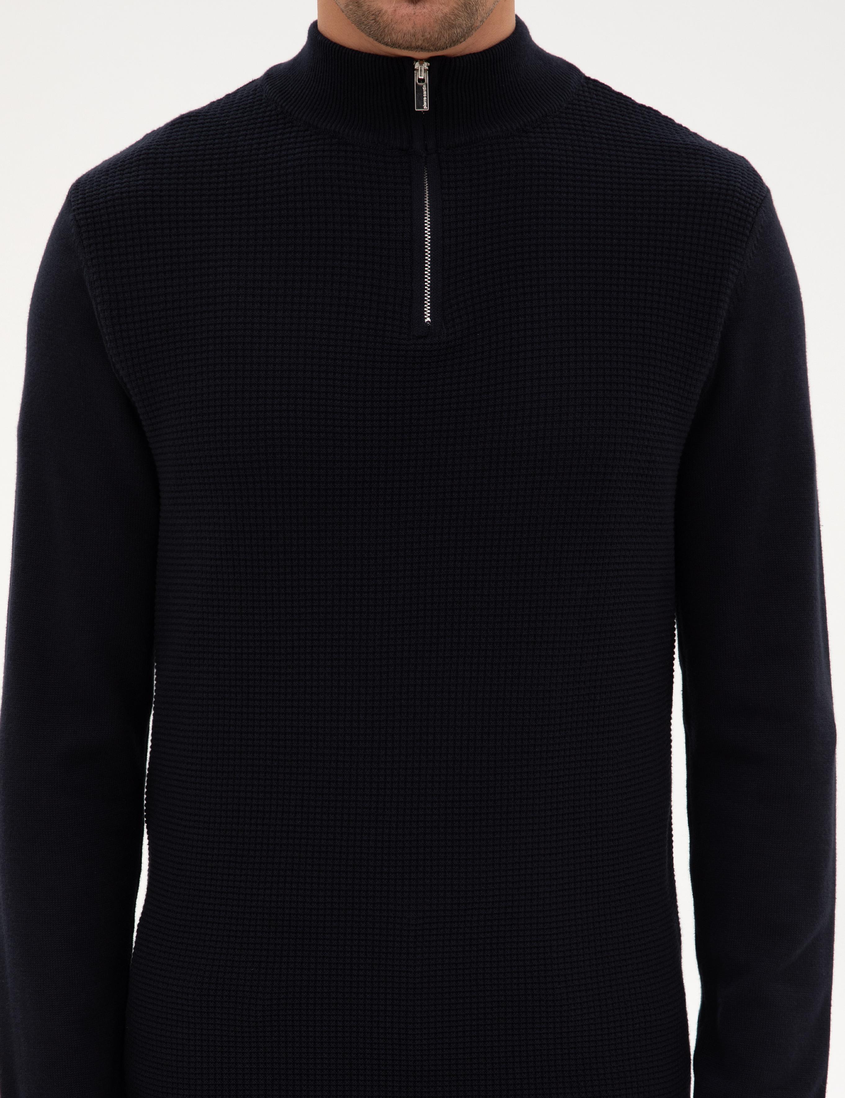 Lacivert Slim Fit Dik Yaka Fermuarlı Triko Kazak