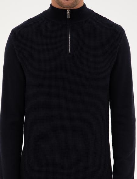 Lacivert Slim Fit Dik Yaka Fermuarlı Triko Kazak - 50317397006