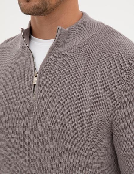 Açık Gri Melanj Slim Fit Dik Yaka Fermuarlı Triko Kazak - 50317363047