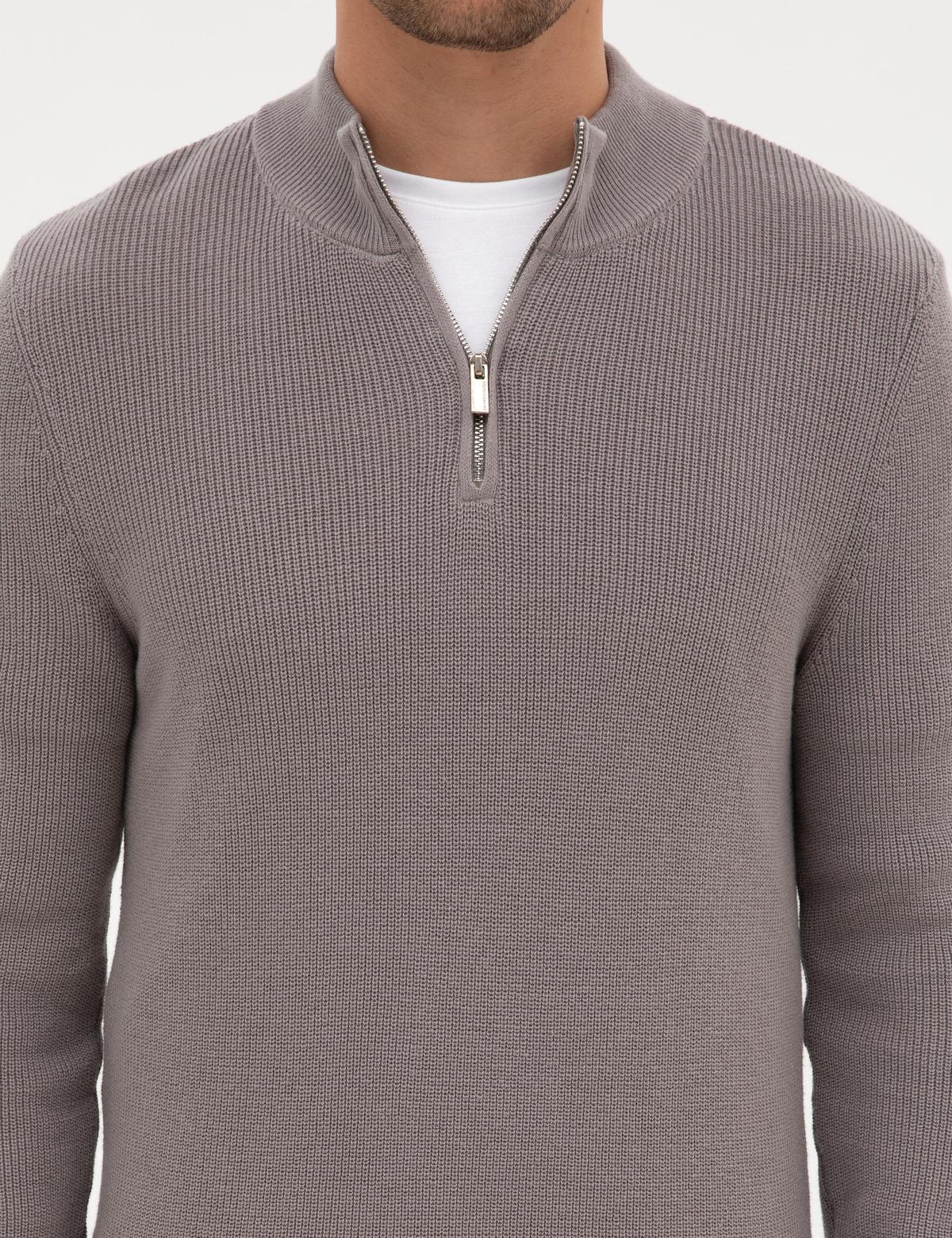 Açık Gri Melanj Slim Fit Dik Yaka Fermuarlı Triko Kazak - 50317363047