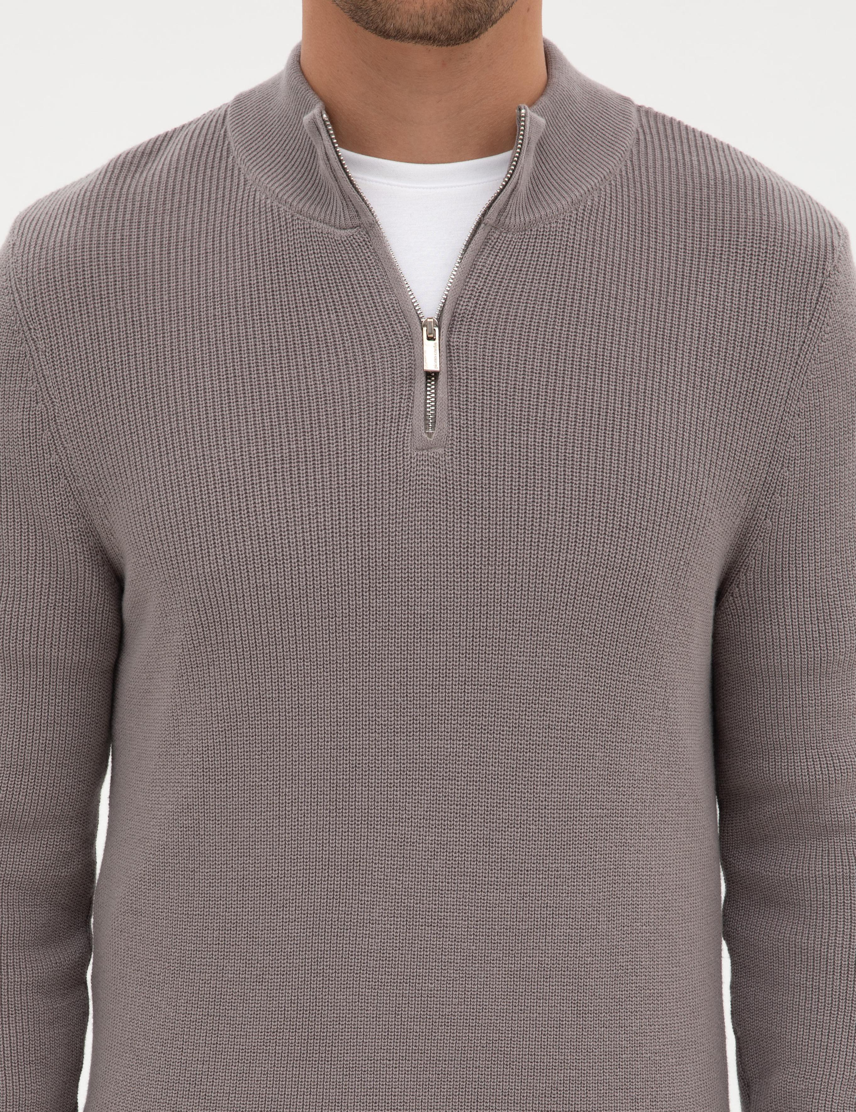 Açık Gri Melanj Slim Fit Dik Yaka Fermuarlı Triko Kazak