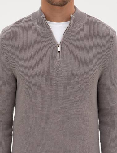 Açık Gri Melanj Slim Fit Dik Yaka Fermuarlı Triko Kazak
