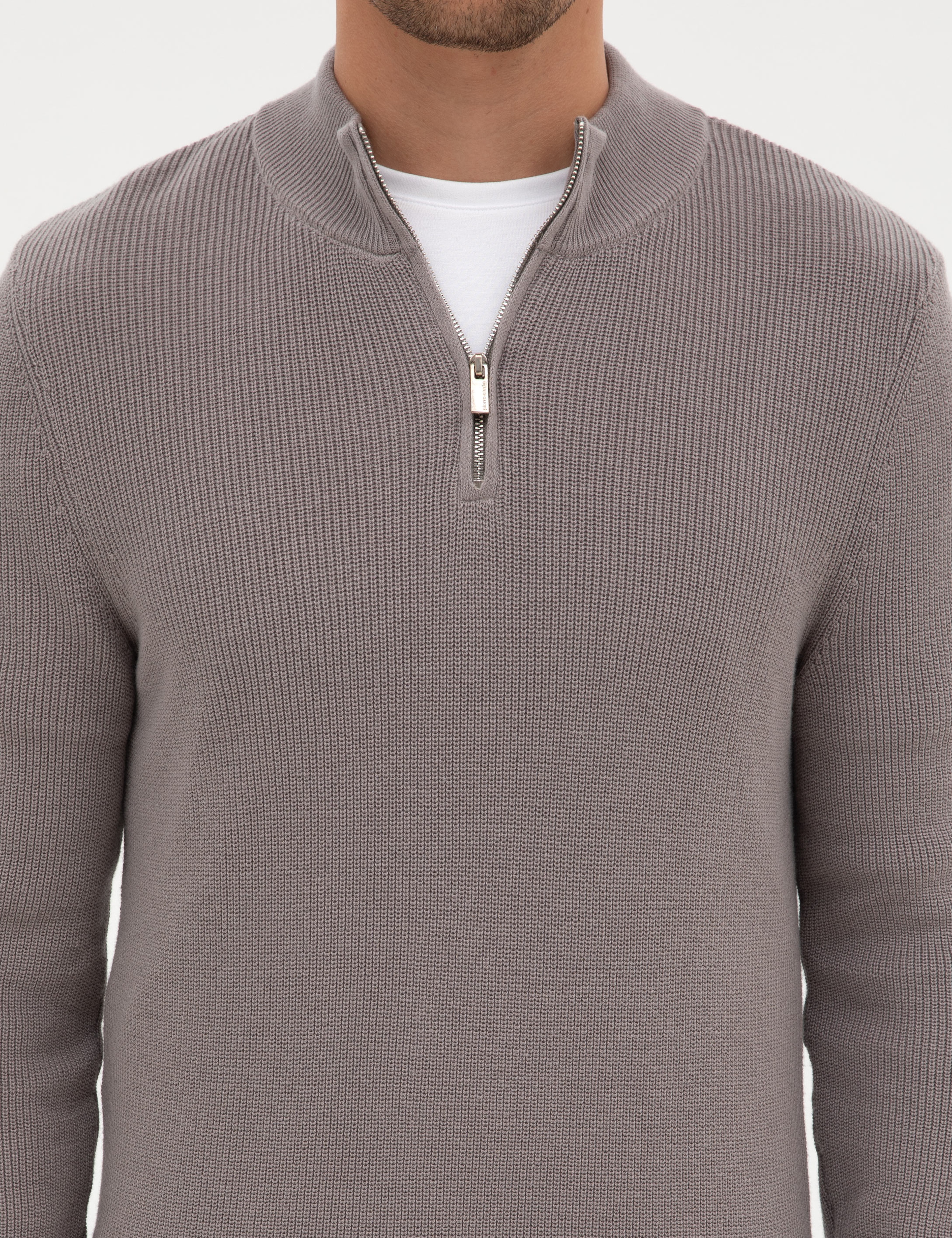 Açık Gri Melanj Slim Fit Dik Yaka Fermuarlı Triko Kazak - Image 6