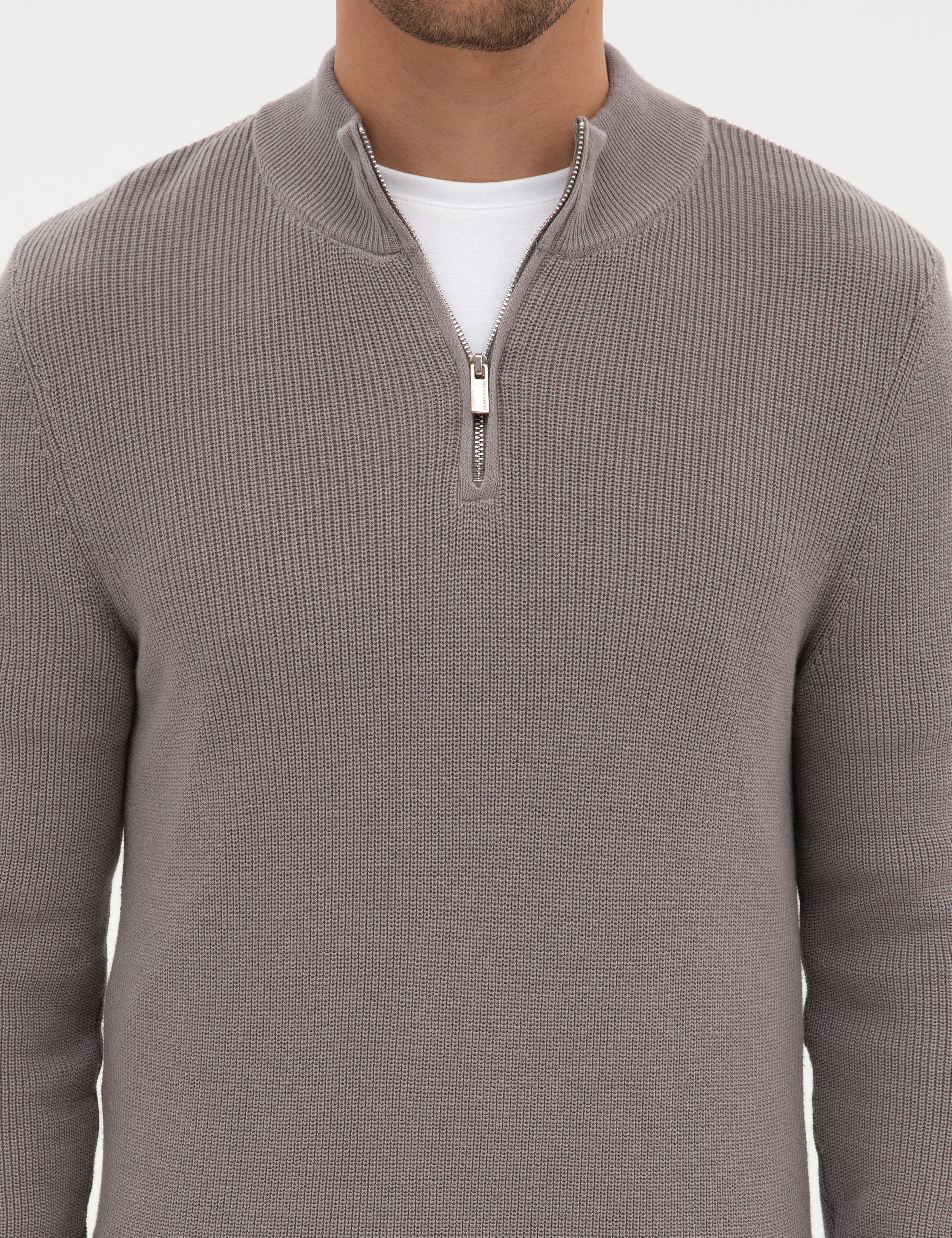 Açık Gri Melanj Slim Fit Dik Yaka Fermuarlı Triko Kazak