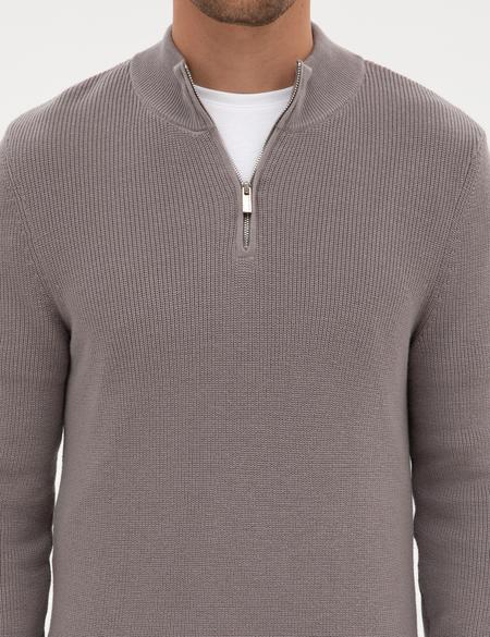 Açık Gri Melanj Slim Fit Dik Yaka Fermuarlı Triko Kazak - 50317363047