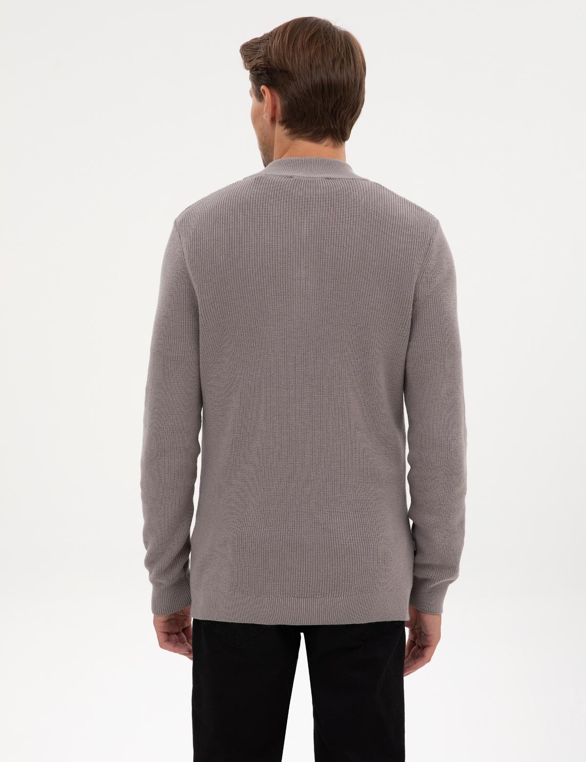 Açık Gri Melanj Slim Fit Dik Yaka Fermuarlı Triko Kazak - 50317363047