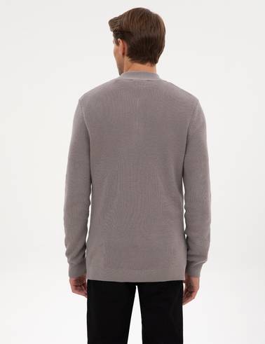 Açık Gri Melanj Slim Fit Dik Yaka Fermuarlı Triko Kazak