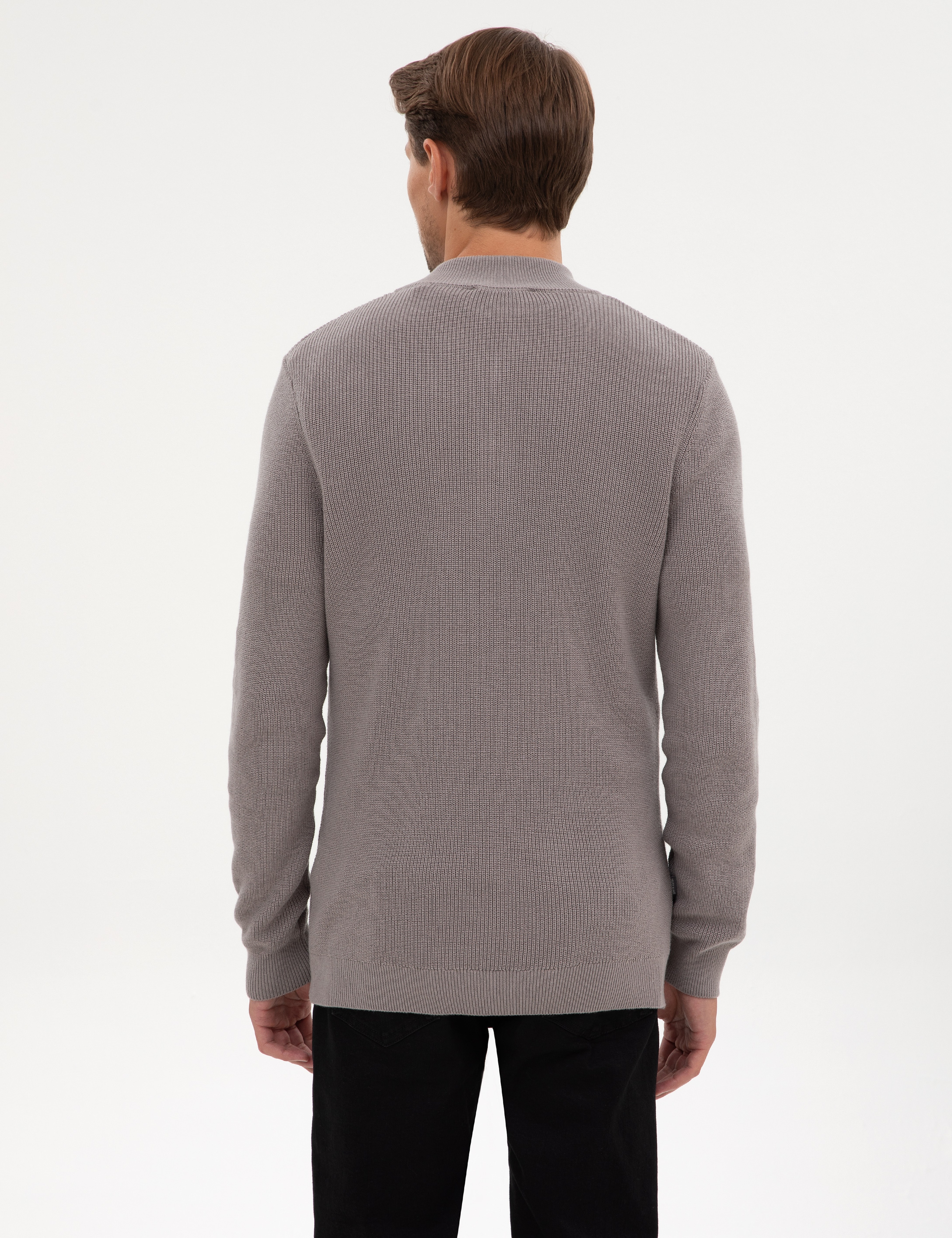 Açık Gri Melanj Slim Fit Dik Yaka Fermuarlı Triko Kazak - Image 5