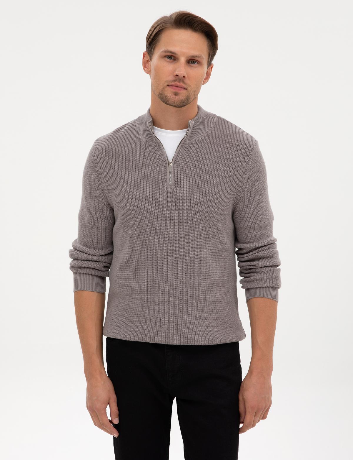 Açık Gri Melanj Slim Fit Dik Yaka Fermuarlı Triko Kazak - 50317363047