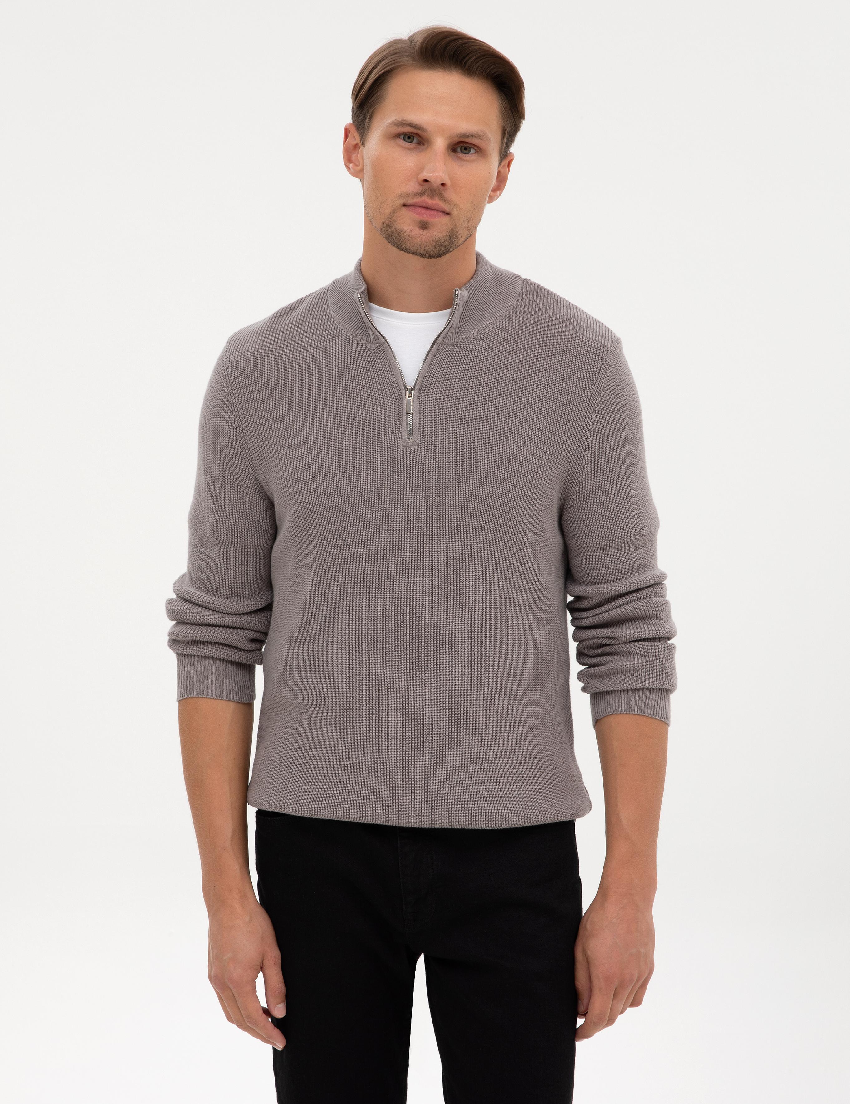 Açık Gri Melanj Slim Fit Dik Yaka Fermuarlı Triko Kazak