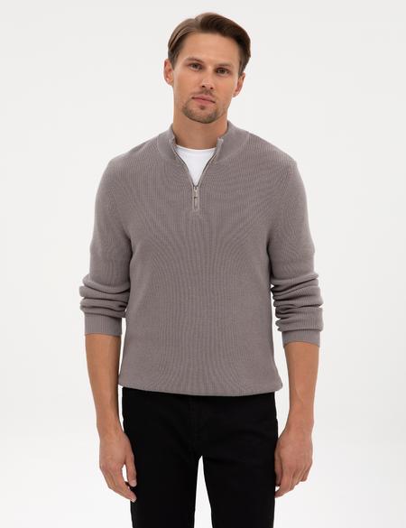 Açık Gri Melanj Slim Fit Dik Yaka Fermuarlı Triko Kazak - 50317363047