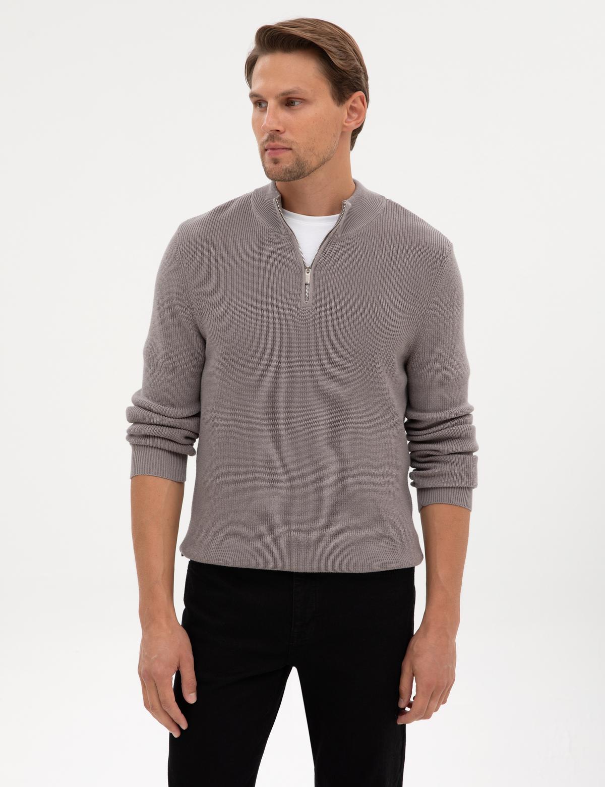 Açık Gri Melanj Slim Fit Dik Yaka Fermuarlı Triko Kazak