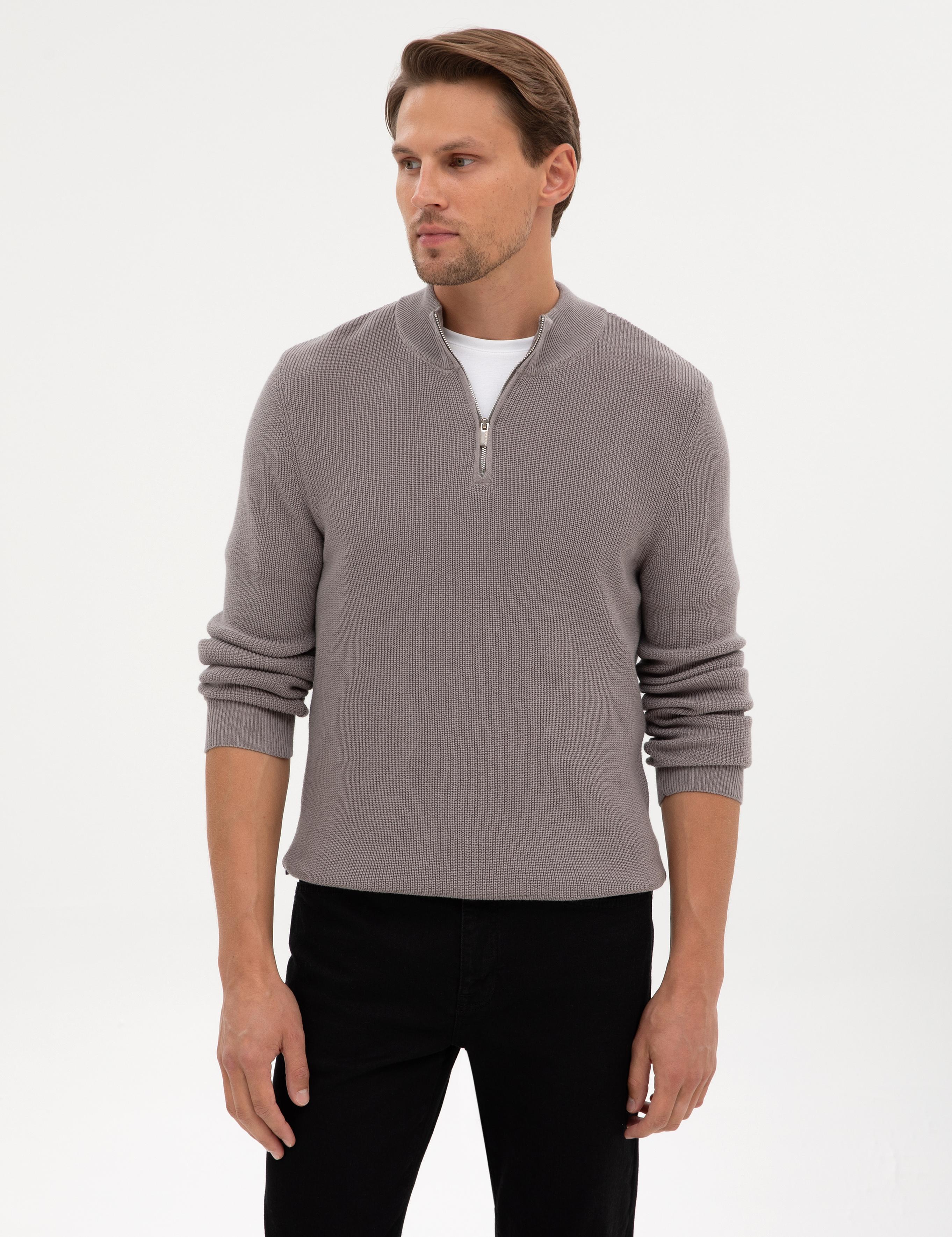 Açık Gri Melanj Slim Fit Dik Yaka Fermuarlı Triko Kazak