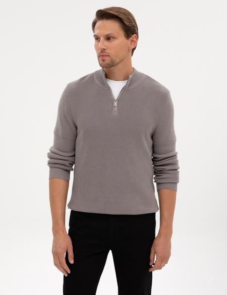 Açık Gri Melanj Slim Fit Dik Yaka Fermuarlı Triko Kazak - 50317363047