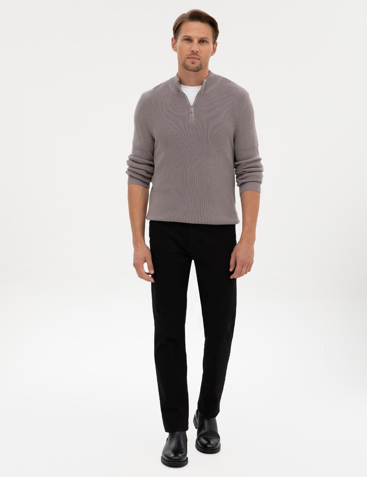 Açık Gri Melanj Slim Fit Dik Yaka Fermuarlı Triko Kazak - 50317363047