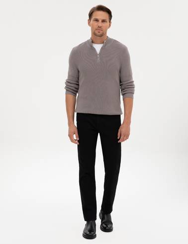 Açık Gri Melanj Slim Fit Dik Yaka Fermuarlı Triko Kazak