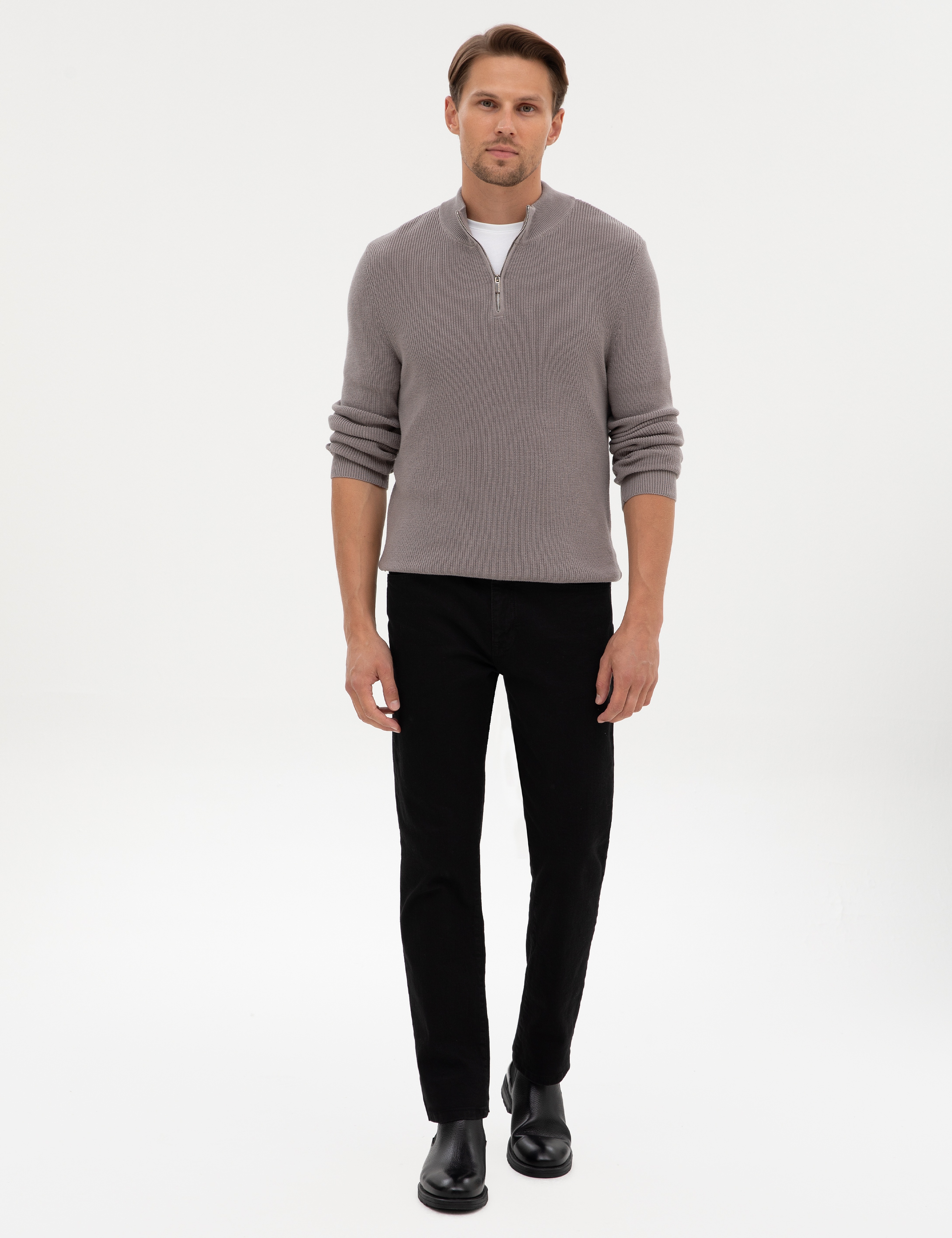 Açık Gri Melanj Slim Fit Dik Yaka Fermuarlı Triko Kazak