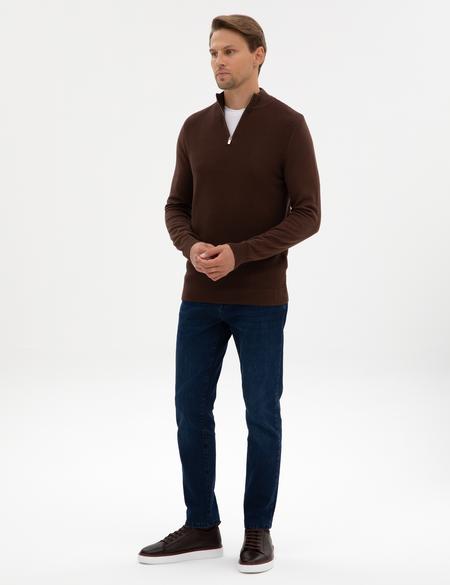 Kahverengi Slim Fit Dik Yaka Fermuarlı Triko Kazak - 50317397016