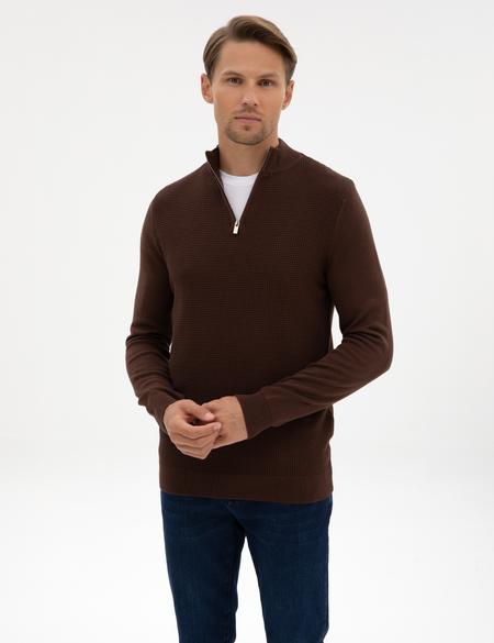 Kahverengi Slim Fit Dik Yaka Fermuarlı Triko Kazak - 50317397016