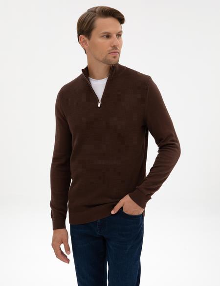 Kahverengi Slim Fit Dik Yaka Fermuarlı Triko Kazak - 50317397016