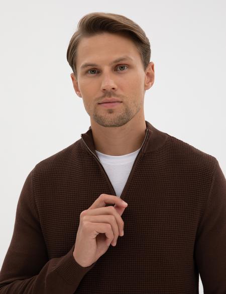 Kahverengi Slim Fit Dik Yaka Fermuarlı Triko Kazak - 50317397016
