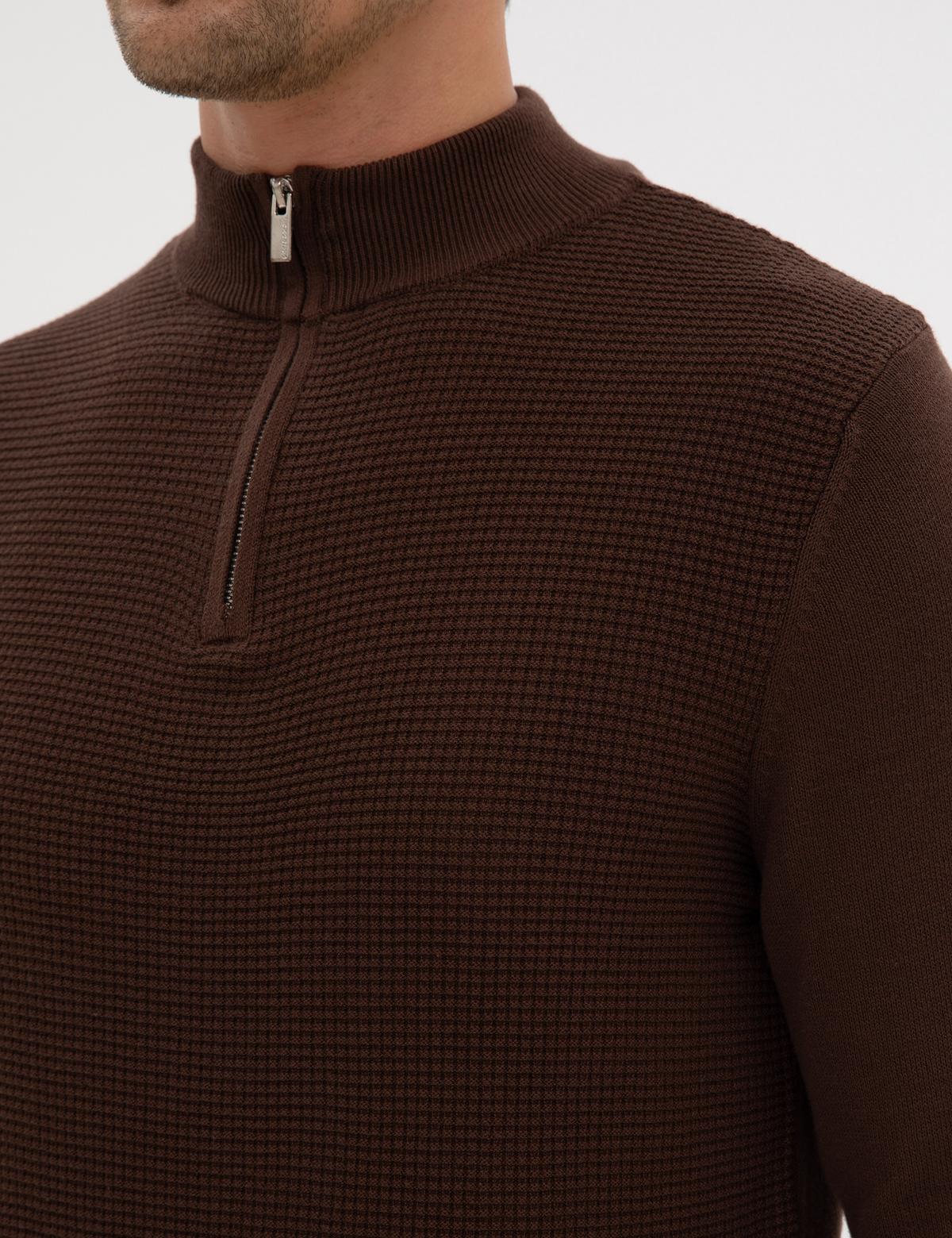 Kahverengi Slim Fit Dik Yaka Fermuarlı Triko Kazak - 50317397016