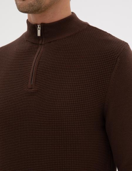 Kahverengi Slim Fit Dik Yaka Fermuarlı Triko Kazak - 50317397016