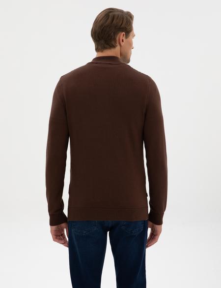 Kahverengi Slim Fit Dik Yaka Fermuarlı Triko Kazak - 50317397016