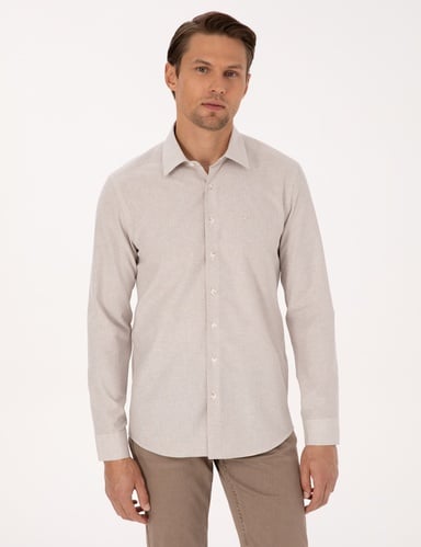 Bej Slim Fit Uzun Kollu Gömlek