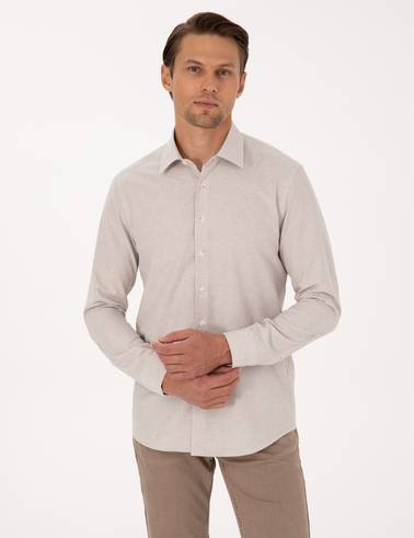 Bej Slim Fit Uzun Kollu Gömlek