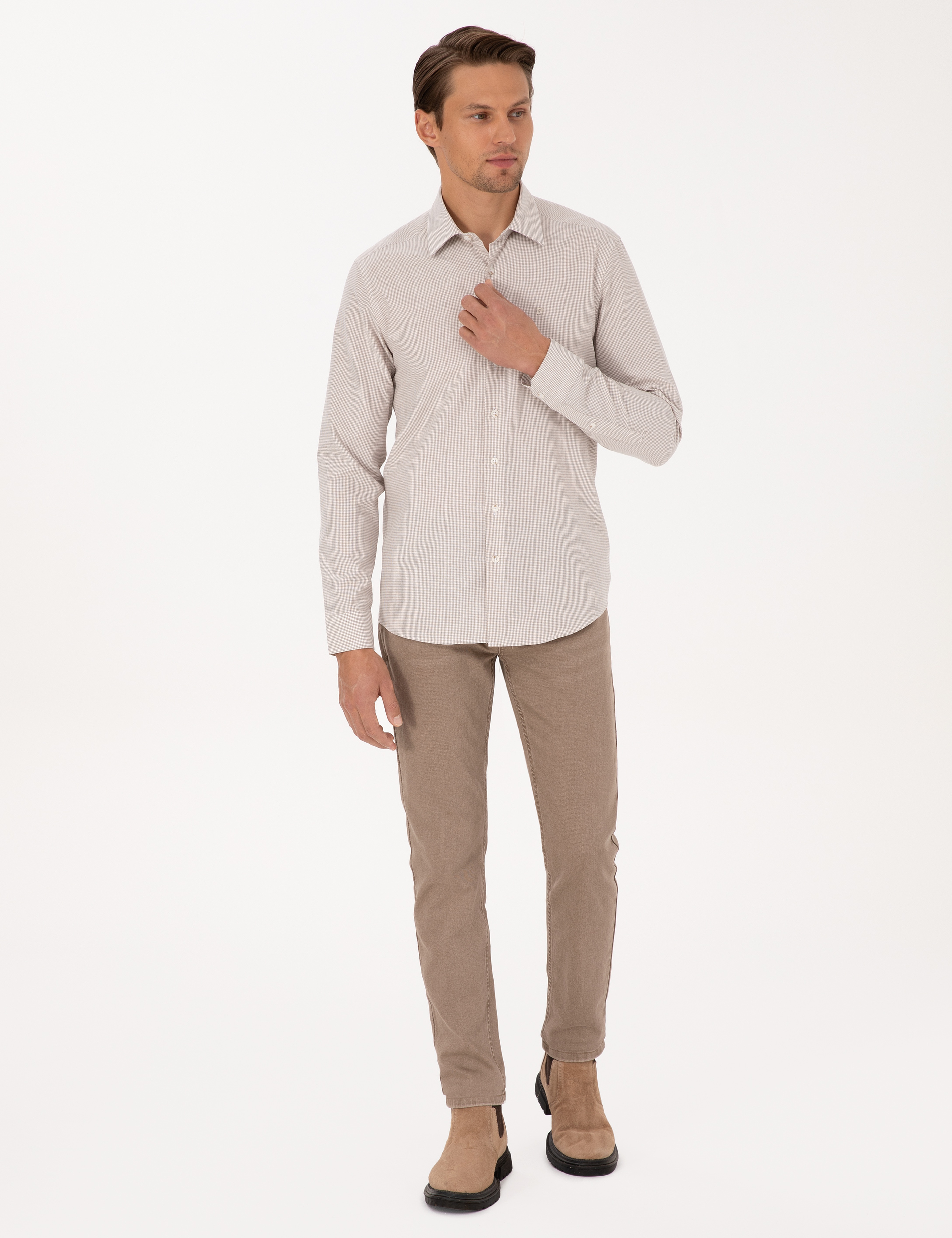 Bej Slim Fit Uzun Kollu Gömlek