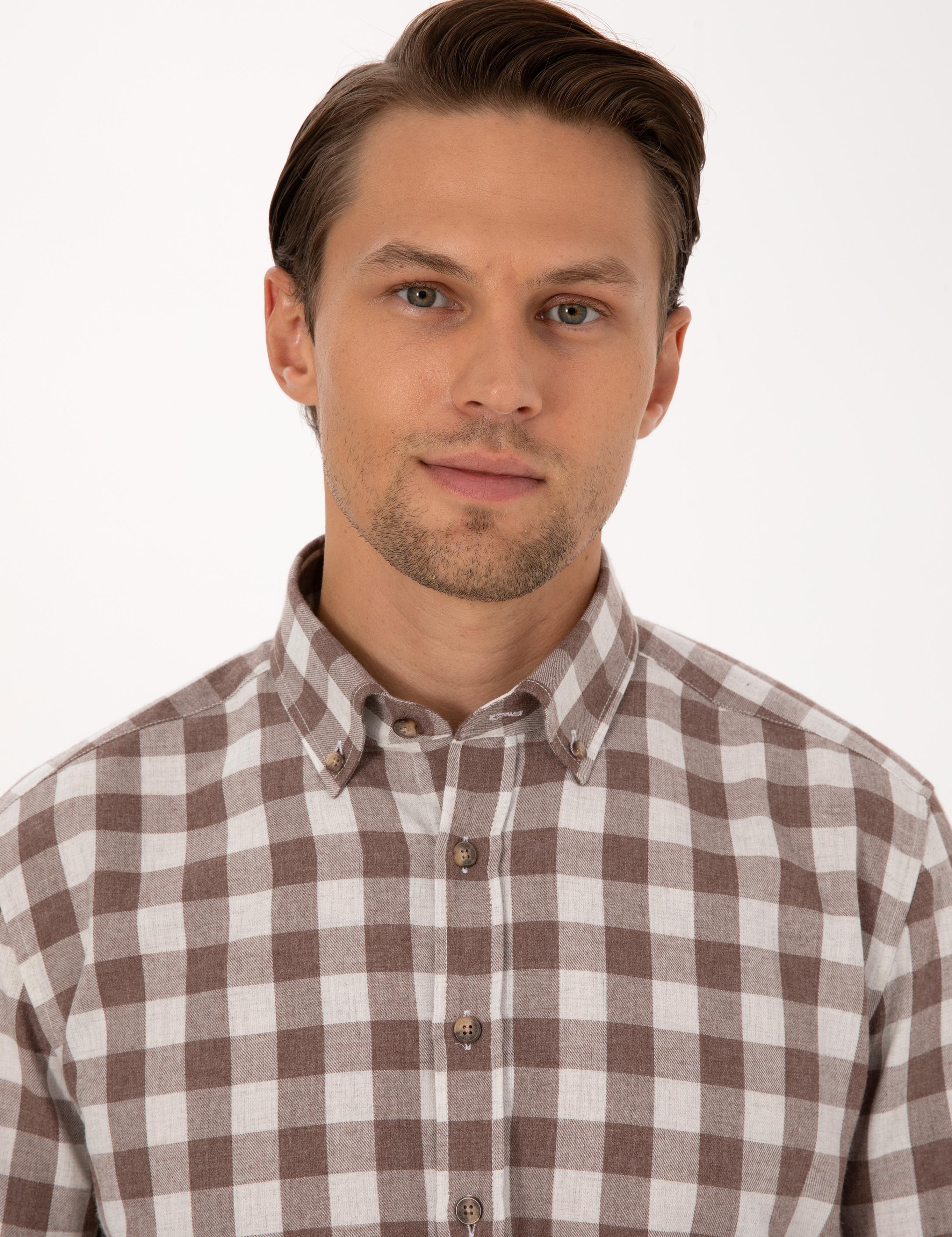 Kahverengi Kareli Regular Fit Uzun Kollu Gömlek