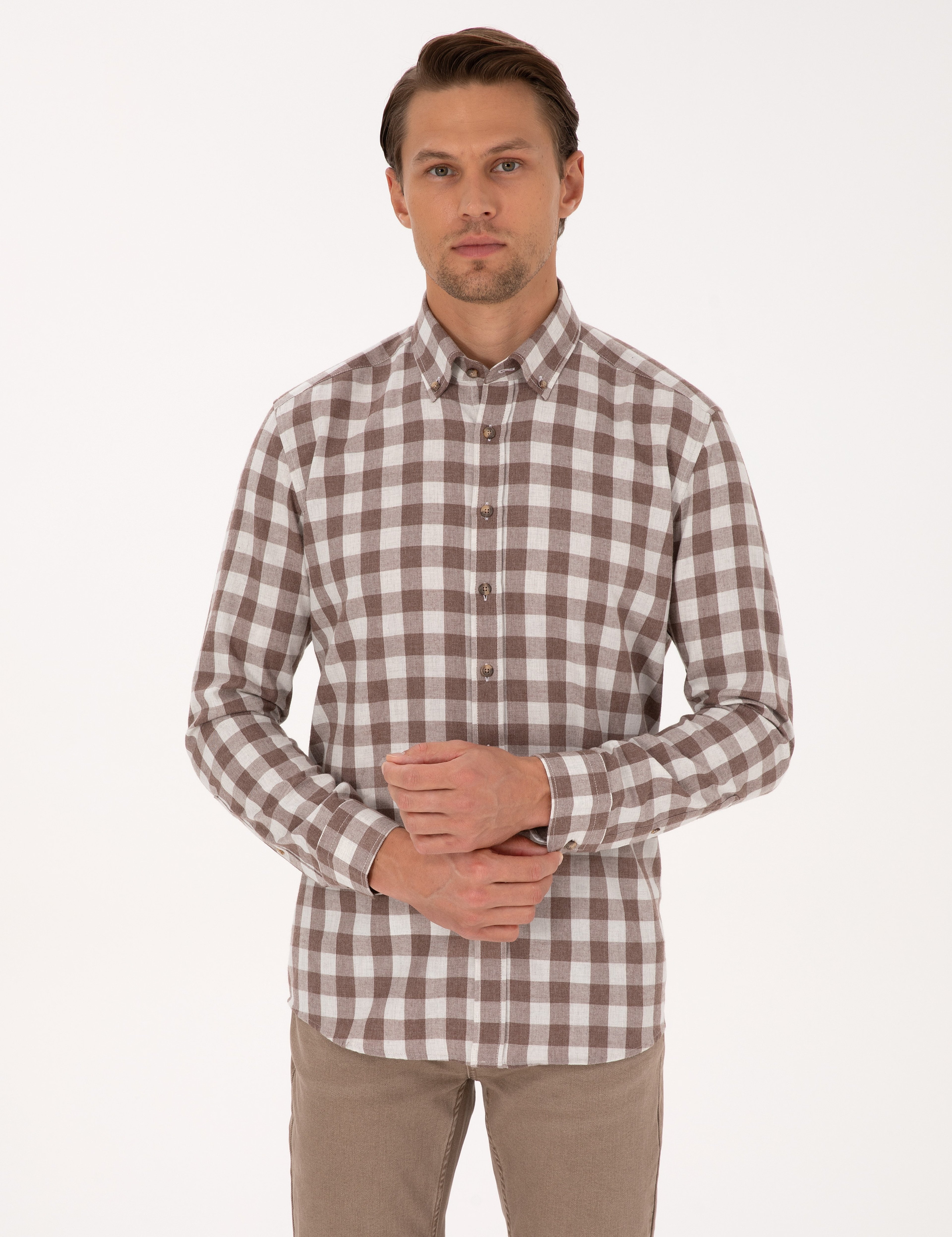 Kahverengi Kareli Regular Fit Uzun Kollu Gömlek - Image 3
